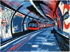 an abstract painting of a train coming out of a tunnel with red, white and blue colors