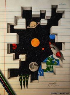 a drawing with space and planets on it