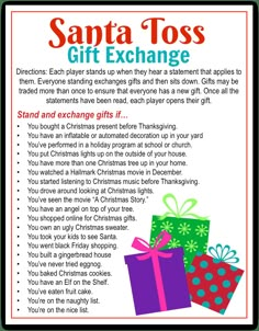 the santa tos gift exchange flyer is shown in red and green with presents on it