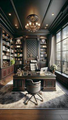 an elegant home office with dark wood furniture and chandelier