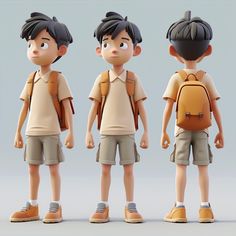 three cartoon boys with backpacks standing in front of each other and facing different directions