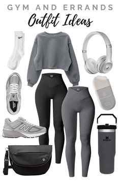 Grey Sweatshirt And Leggings Outfit, Gray Workout Outfit, Gray Legging Outfit, New Balance Gym Outfit, Outfits With Gray Leggings, Leggings And Nike Socks Outfit, How To Style Grey Leggings, Outfits With Grey Leggings, Styling Leggings