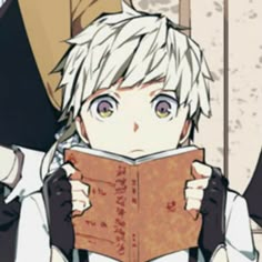 an anime character is reading a book with his eyes wide open and looking at the camera