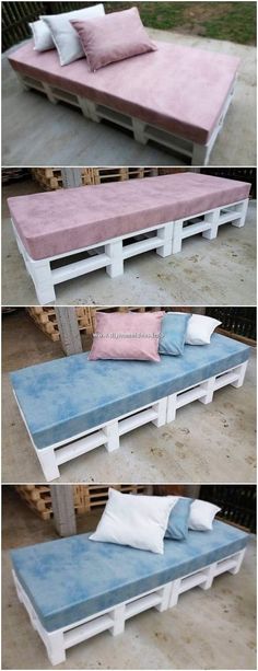 this is an image of a couch made out of pallet wood and painted white