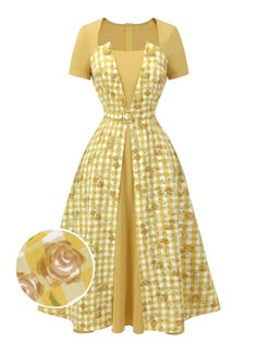 Yellow 1950s Plaid Rose Panel Raglan Dress – Retro Stage - Chic Vintage Dresses and Accessories