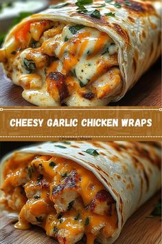 chicken wraps on a cutting board with cheese and sauce