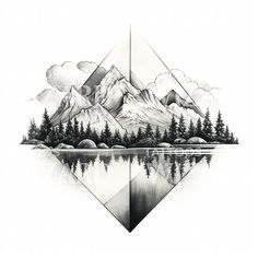 a drawing of mountains and trees in the water