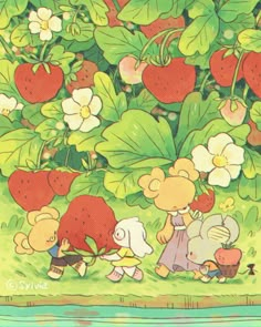 an image of children picking strawberries from a tree with bears and flowers in the background