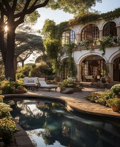 an outdoor swimming pool surrounded by trees and bushes with sun shining through the windows on the building