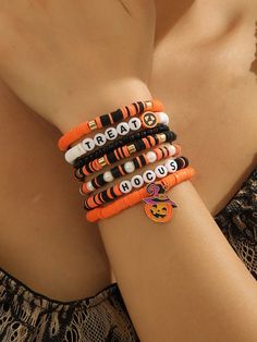 7pcs/Set Halloween Pumpkin Faux Pearl Beads Handmade Bracelet Festival Cosplay Party Decor Jewelry GiftI discovered amazing products on SHEIN.com, come check them out! Pumpkin Bead Bracelet, Pulseras Aesthetic, October Planner, Aesthetic Bracelet, Friends Bracelet, Jelly Purse, Beaded Braclets