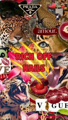 a collage of pictures with animals, flowers and other things in the background text reads rico off nails v guess