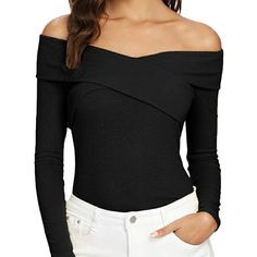 Off Shoulder Long Sleeve Criss Cross Ribbed Knit Top. Great For Matching With Denim Jean's Shorts Or Skirt. Fabric 61% Polyester 33% Rayon 6% Spandex Pull On Off Shoulder Long Sleeve Trendy Tops For Women, Skirt Fabric, Lady Fashion, Ribbed Knit Top, Women Long Sleeve Tops, Shein Tops, Off Shoulder Tops, Trendy Tops, On Off