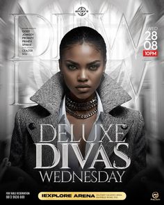 the poster for deluxe dyas wednesday with an image of a woman in black and white