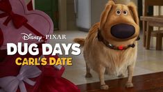 a dog is standing in front of a heart shaped chair with the words dug days carl's date written on it