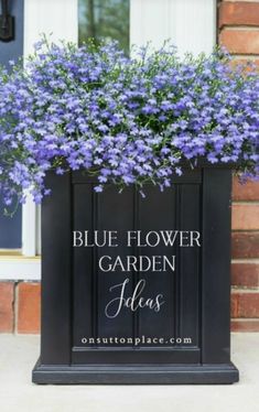 a blue flower garden box with purple flowers in it