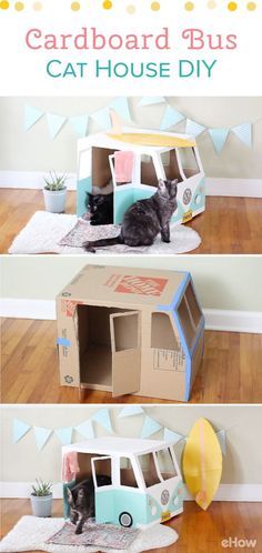 cat house made out of cardboard and cardboard boxes with the words cardboard bus on it