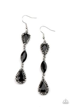 A trio of teardrop and marquis cut black gems fall in succession from the ear. The teardrops are set in silver frames studded with hematite rhinestones for a sparkly finish. Earring attaches to a standard fishhook fitting. Sold as one pair of earrings. Teardrop Silver Earrings, Black Gems, Prom Jewelry, Silver Frames, Paparazzi Accessories, White Rhinestone, Black Jewelry, Black Necklace, Black Earrings