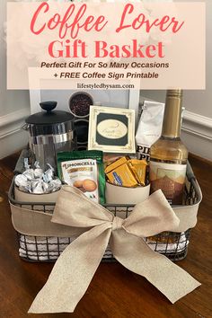 the coffee lover gift basket is on display