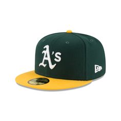 Wear what the players wear with this New Era 59Fifty Oakland Athletics Home Authentic Collection On Field Fitted Hat in Green and Yellow. Officially Licensed Authentic Collection MLB On Field Hat Green Crown and Yellow Visor with Black Undervisor Oakland Athletics Team Logo Embroidered in White on Front 100% Polyester, Performance Fabric Afro Hair Fade, Graphic Hats, Xxl Freshman, Thrasher Shirt, Jackie Robinson Day, Athletics Logo, Hats Cute, Cute Beanies, Jackie Robinson