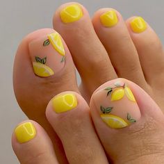 PRICES MAY VARY. GOOD QUANLITY - False toenails accessories use safe,non-toxic and environmentally friendly acrylic nail glue,no harm to your nails or body,durable and not easy to fade,providing you with a safe and comfortable nail experience UNIQUE DESIGN - Lemon design press on toenails yellow pink glossy fake nails short square,combine trendy elements with classic color and shape,looks pretty VARIED SIZE - Square shaped stick on nails comes with has 12 different sizes,you can choose the most Yellow Toe Nails, Cute Pedicures, Lemon Nails, Fake Toenails, Acrylic Toe Nails, Cute Toe Nails, Summer Toe Nails, Pedicure Designs, Nagel Tips