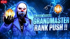 a man in a blue outfit holding up two glowing hands with the words grand master rank push