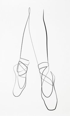 a black and white drawing of a pair of ballet shoes with one shoe tied to the side