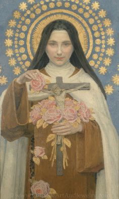 a painting of a woman holding roses and a crucifix in her hands