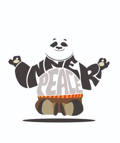 a panda bear with the words peace on it's chest and arms in front of him