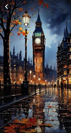 the big ben clock tower towering over the city of london on a rainy night with autumn leaves