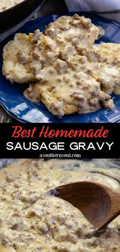 homemade sausage gravy in a blue plate with a wooden spoon