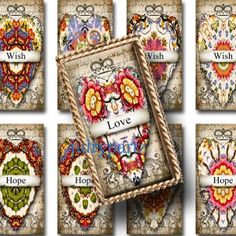 four pictures with different designs on them and the words love, hope, hope, and wish