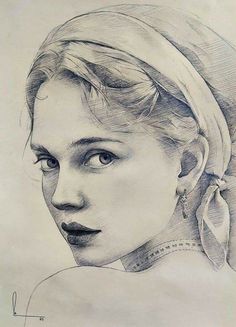 a pencil drawing of a woman's face and head with her hair pulled back