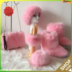 Winter Women Fashion Multicolor Bag Hat Cuff Plush Non-slip Snow Boots Four-piece Set Ski Headband, Fox Fur Boots, Faux Fur Fashion, Female Luxury, Fur Snow Boots, Boots Female, Fur Purse, Outdoor Girls, Fur Bag