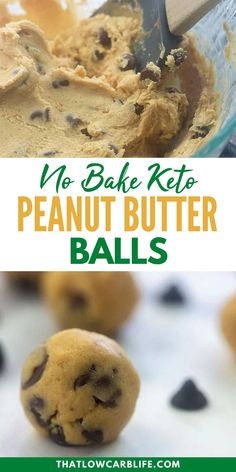 no bake keto peanut butter balls in a glass bowl with chocolate chips on the side