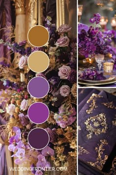 purple and gold wedding color palettes for the bride's bouquet, table setting