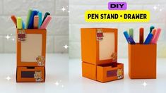 an orange pencil holder with pens and markers in it