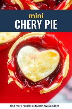 mini cherry pies on a red plate with text overlay