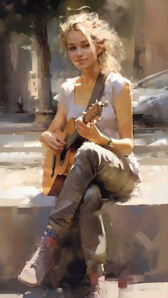 a painting of a woman playing the guitar