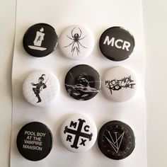 Mcr My Chemical Romance Set Of 9 Handcrafted Pins Each Has A Different Design Size Is About 1.25" In Diameter Also See Last Pic For Size Reference, Ive Placed A Quarter On Top So You Get A Better Idea For Size. Brand New, Hand Made, Custom Pins. Please Keep In Mind These Are Hand Made So There Are Slight Imperfections. Perfect Gift For An Mcr Fan! Will Be Packaged In A Cardboard Gift Box My Chemical Romance Merch Jackets, Mcr Jewelry, Pin Ideas Button, Mcr Merch, Pin Button Design, Band Pins, Emo Accessories, Romance Gifts, 2013 Swag Era