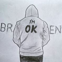 a drawing of a person wearing a hoodie with the words i'm ok written on it