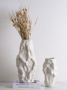 two white vases sitting on top of a table next to each other with dried plants in them