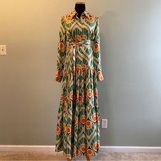 New With Tags Uk Size 12 Equivalent To Us Size 8/Medium Dry Clean Only. Size 12 Approximate Measurements (In Inches): Length 62 Armpit To Armpit 20 Sleeve (From Shoulder) 26.5 Belt Length 140 Belt Width 1 9/16 100% Silk Made In Uk Green Tan Orange Multicolor Maxi Dress, Black Lace Maxi Dress, Maxi Shirts, Belt Length, Embroidered Maxi Dress, Maxi Shirt Dress, Pleated Maxi Dress, Lace Maxi, 70 Dress