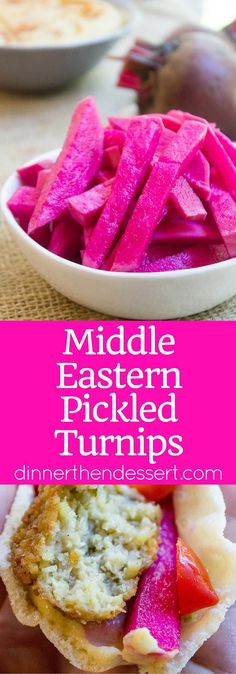 a close up of food on a plate with text overlay that reads middle eastern pickled dumps