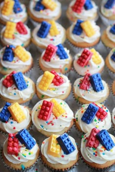 cupcakes decorated with lego blocks and sprinkles