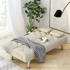 a living room with white furniture and a plant in the corner