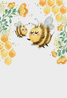 two bees are flying in the air next to some flowers and honeycombs on a white background