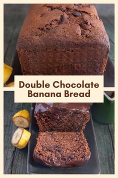 double chocolate banana bread on a plate with bananas