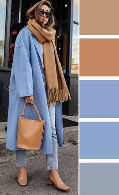 Colour Combinations Fashion, Color Combos Outfit, Color Combinations For Clothes, Blue Coat, Soft Autumn, 가을 패션, Colour Combinations, Colourful Outfits, Colour Palettes