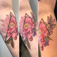 three different views of a woman's thigh with flowers and leaves on the side