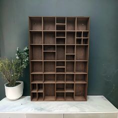 a bookcase sitting on top of a white table next to a potted plant